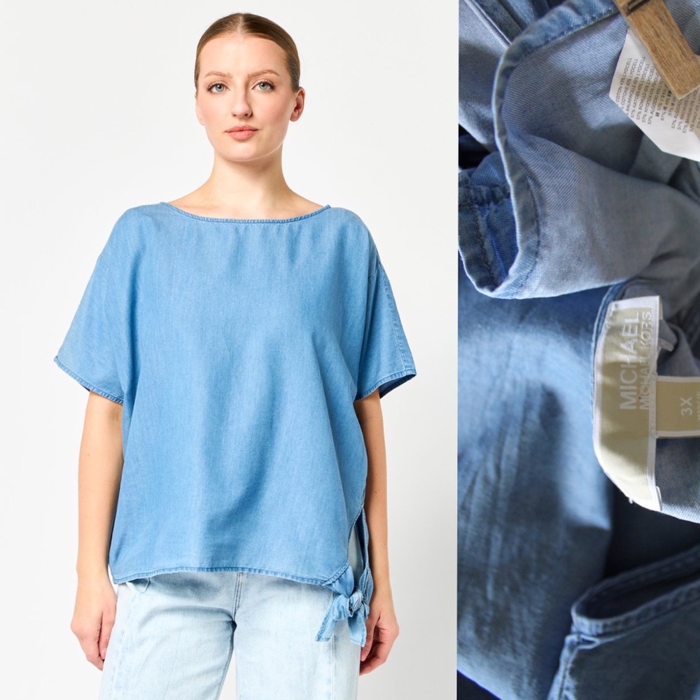 Michael Kors Plus Denim Side Tie Blouse 3X Preowned Denim Blue